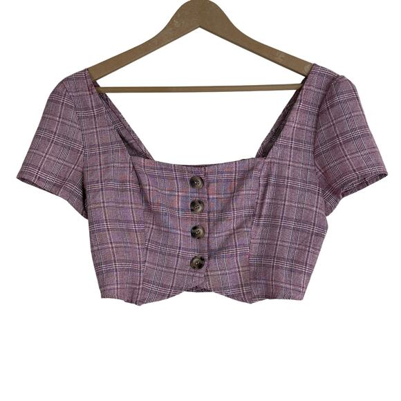 Cotton Candy LA Crop Top Womens M Pink Plaid Button Down Cottagecore Coquette - Picture 1 of 6